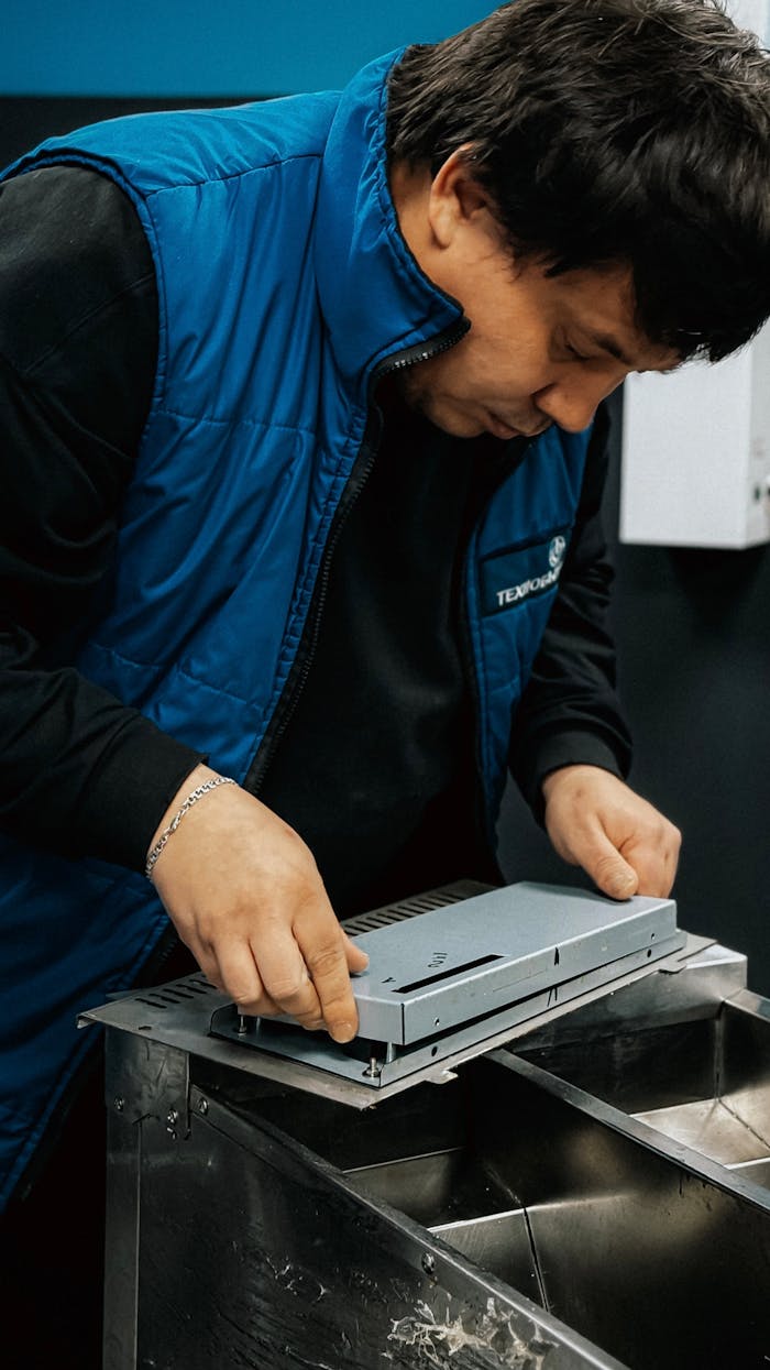 Technician focusing on installing electronic hardware in an industrial environment.